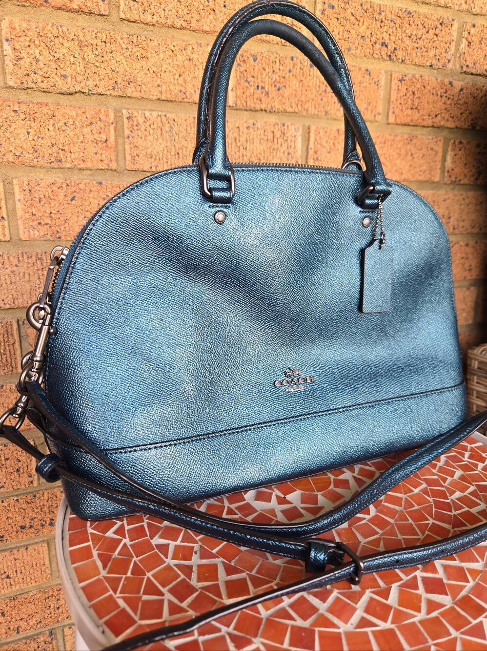 COACH Metallic Dark Teal Leather Large Sierra Satchel Dome Crossbody Bag F22313
